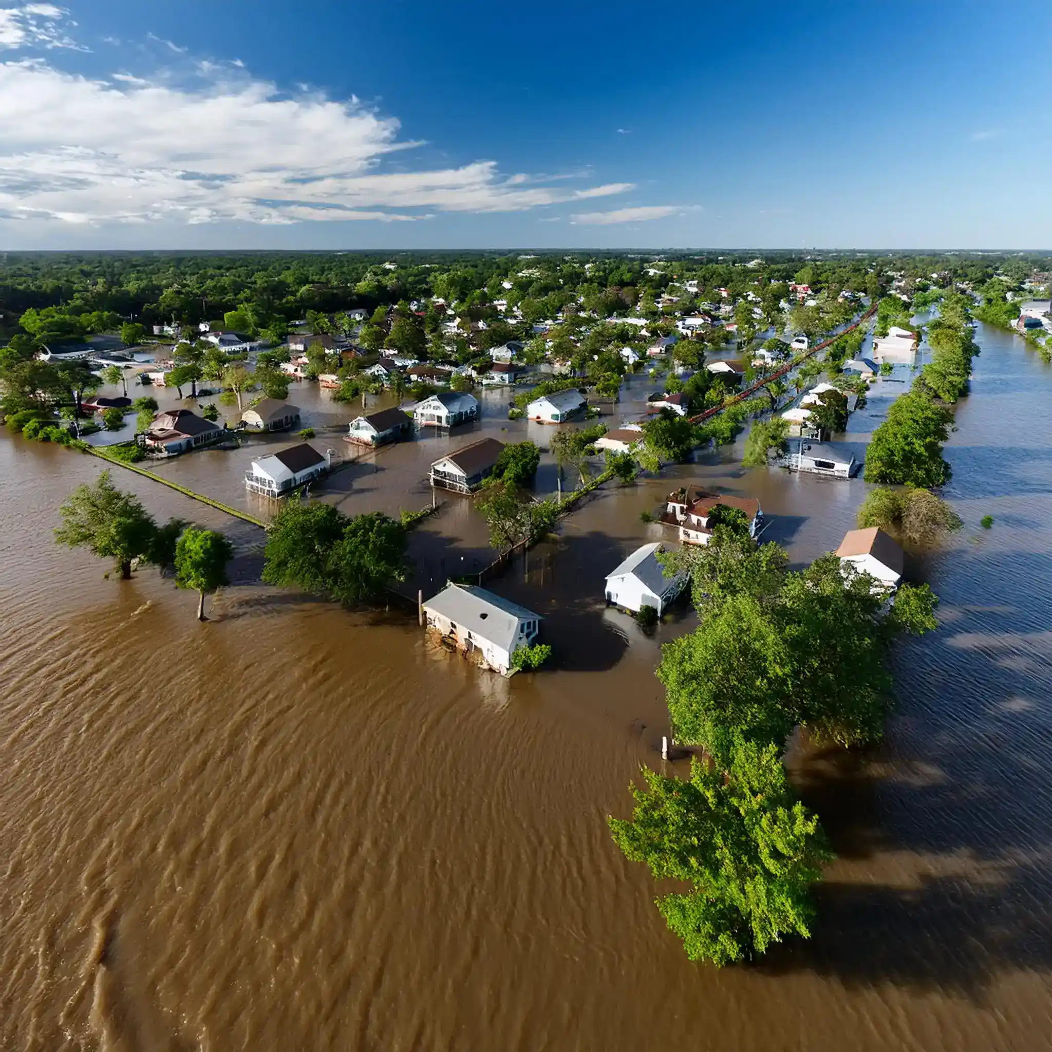 Aerial view of flooding across a developed area