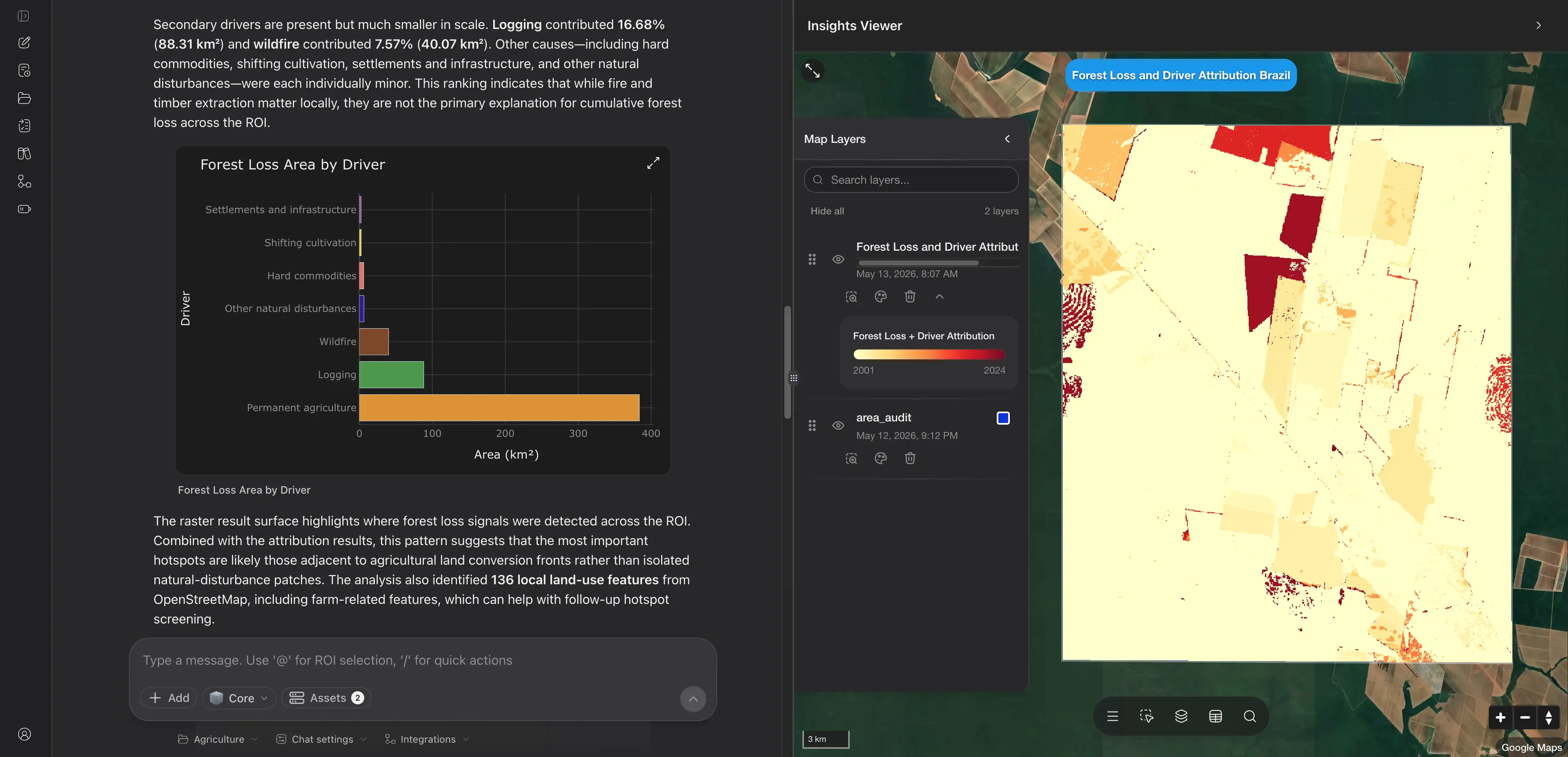 Aspian AI attributing forest loss to drivers across a region