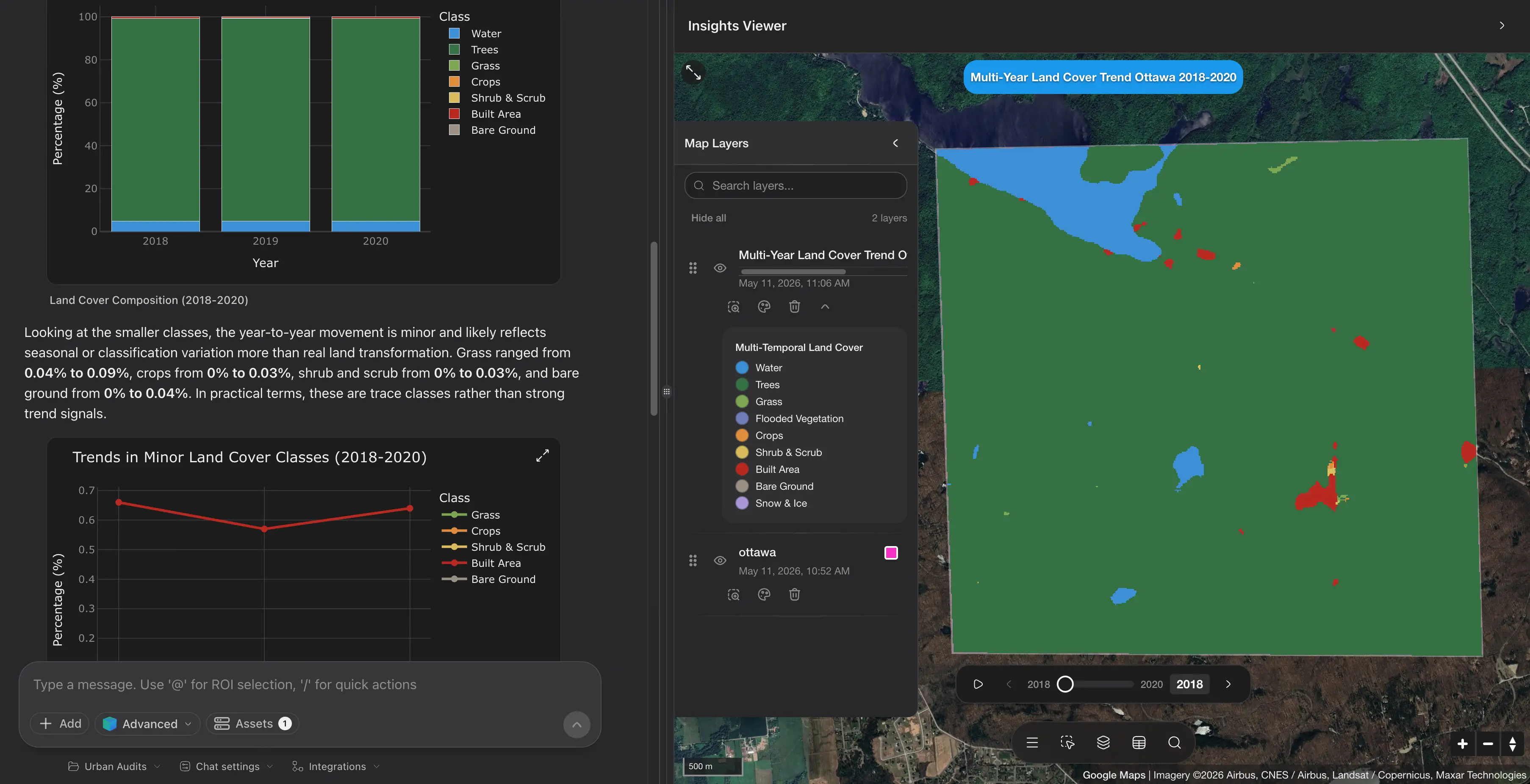 Aspian AI Insights Viewer showing multi-year land cover trends